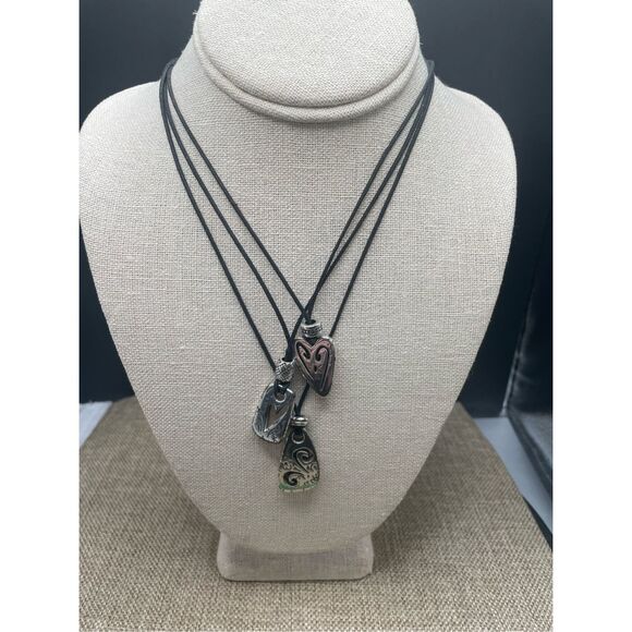Brighton Brazilian Heart Layered Necklace Three Strand Black Cord Retired 18" - Picture 1 of 10